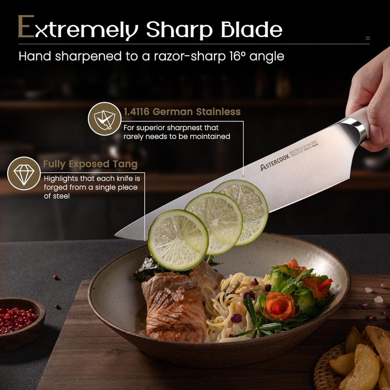 Astercook Knife Set, Kitchen Knife Set with Block, 15 Pcs Luxurious High Carbon German Stainless Steel Knives Set with Full Tang Ergonomic Handle, Dishwasher Safe Knife Block Set with Sharpening Rod - Image 4